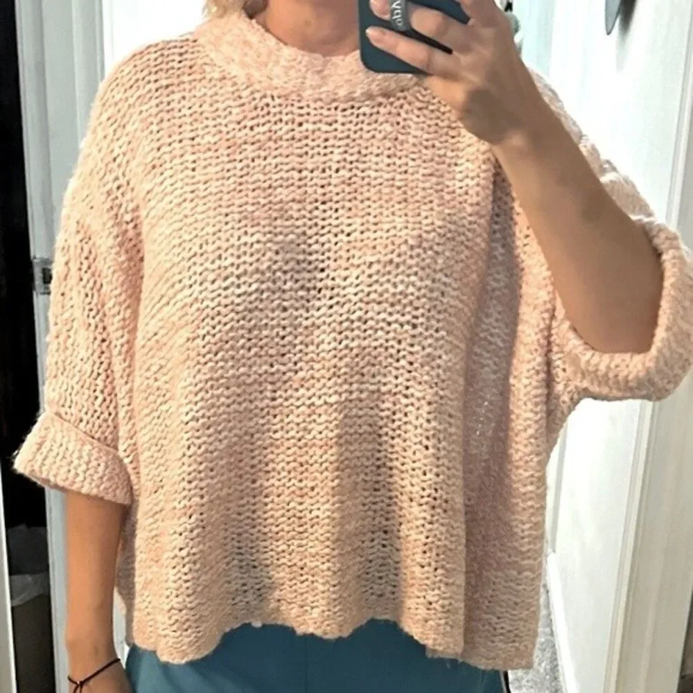 Land's End Funnel Neck loose knit pink and white wool blend sweater extra wide